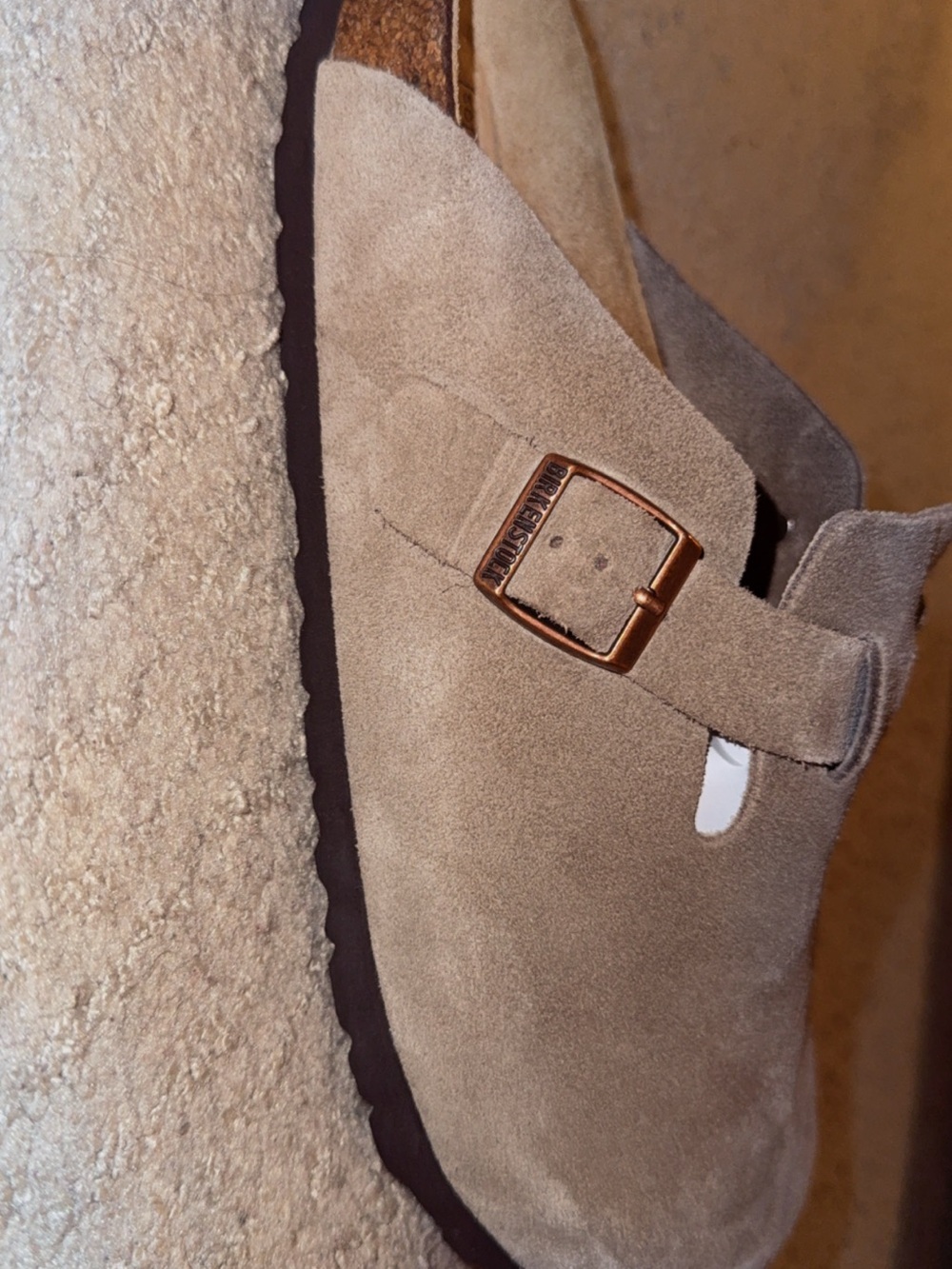 Birkenstock Men's Suede Clog Sandals in Taupe Brown with Bronze Buckle - Picture 4 of 8